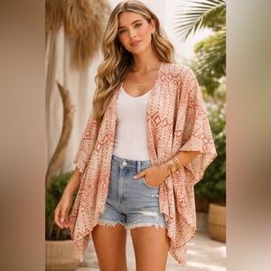 Chaser Geometric Kimono Cardigan XS/S Boho Drape Open Front Rust Cream Oversized